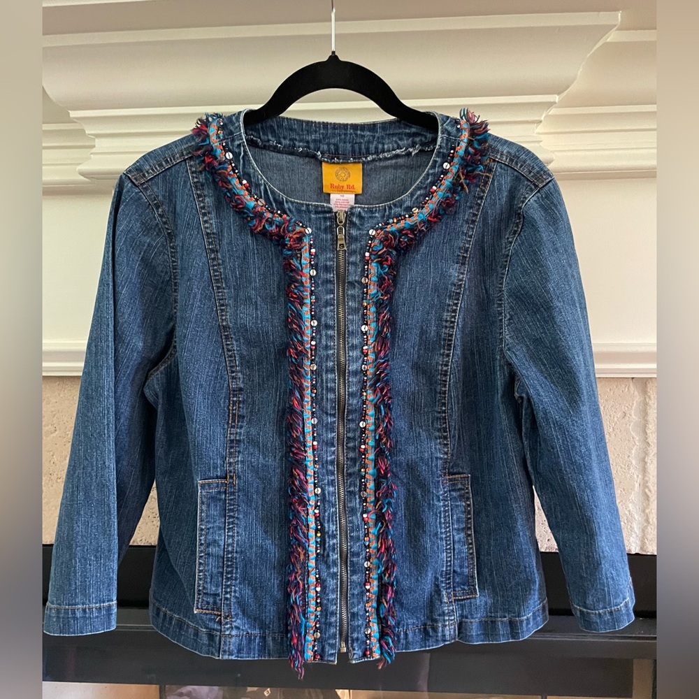 Ruby Rd Jacket Blue Denim Collarless Multi Bead Trim Zip Front 3/4 Sleeve Sz 10